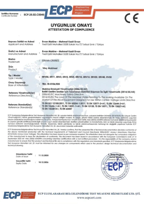 CE Uygunluk Onayı belgesi ECP.25.02.C0045 — Ervan Cranes